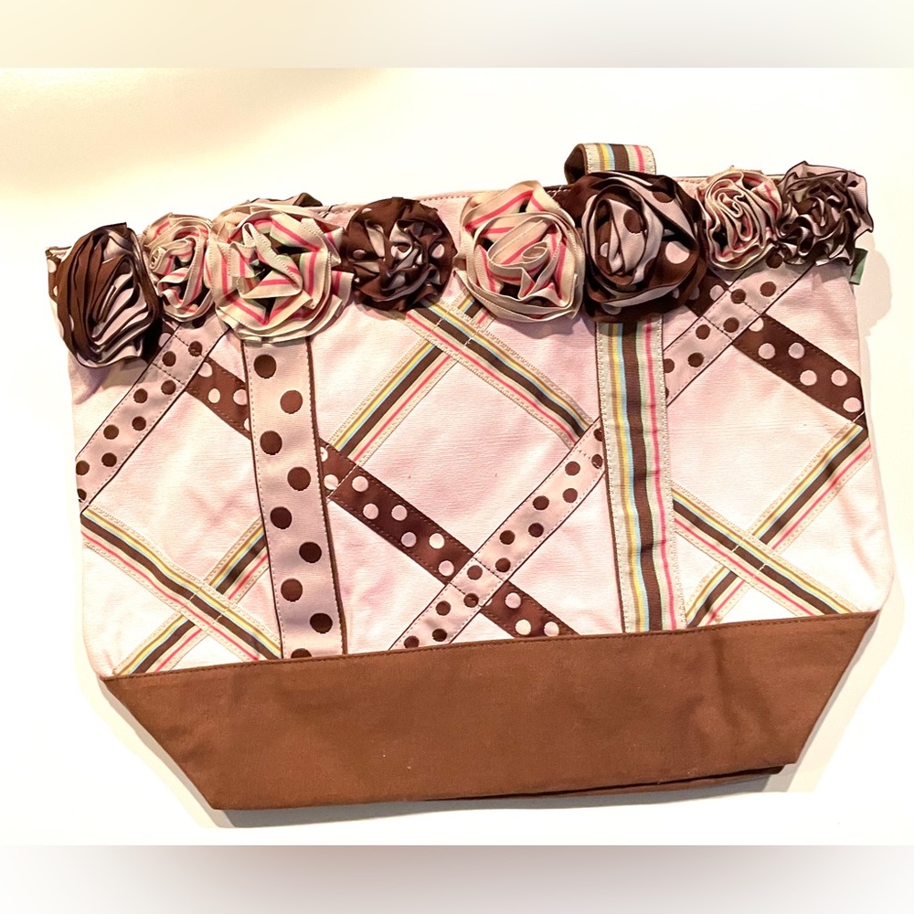 Woman’s cloth tote bag - has a zipper and Holds a lot! Cute pink/brown pattern